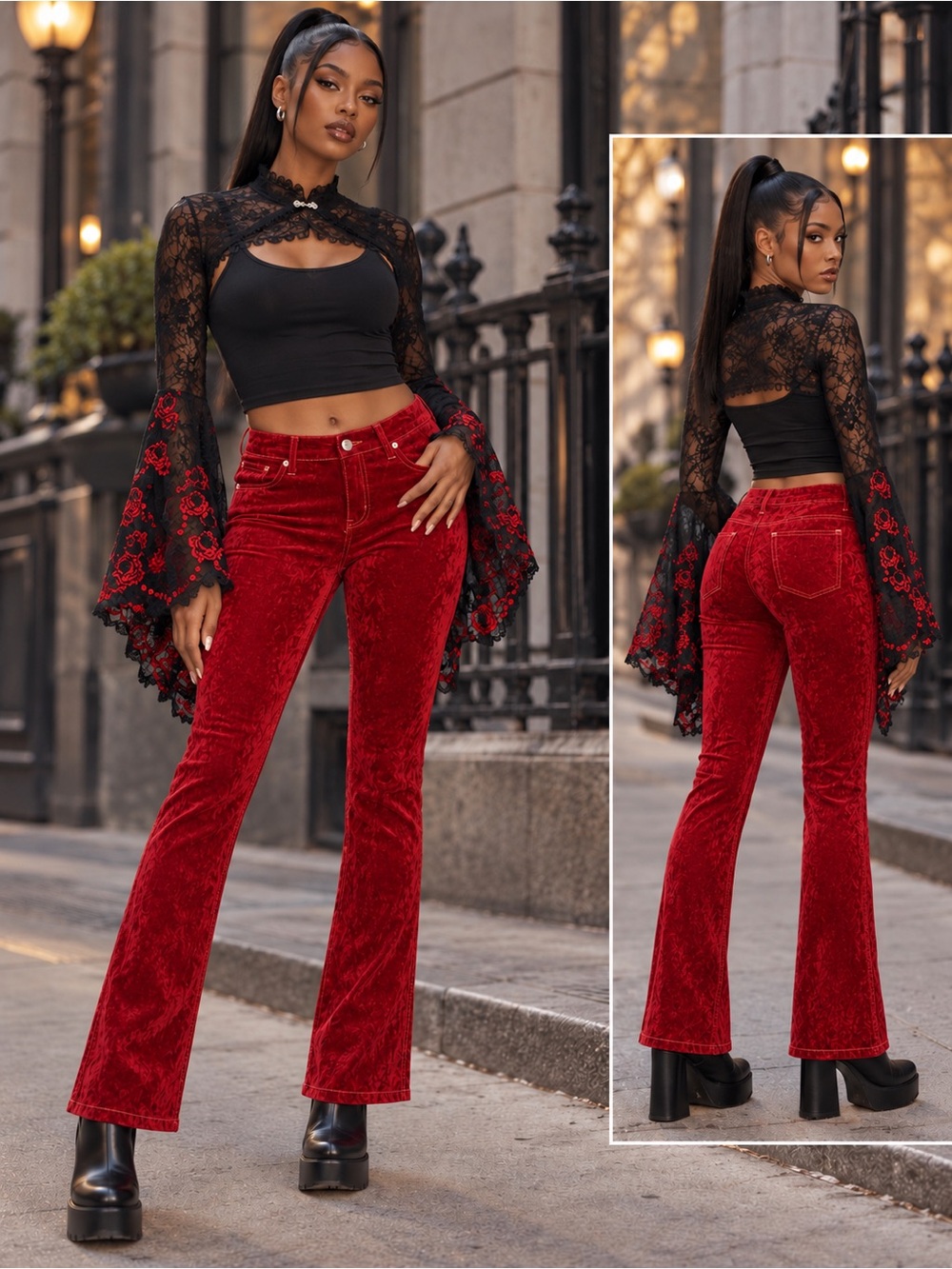 2pc Madden Girl Red Velvet High-Rise Flare Pants & Shrug